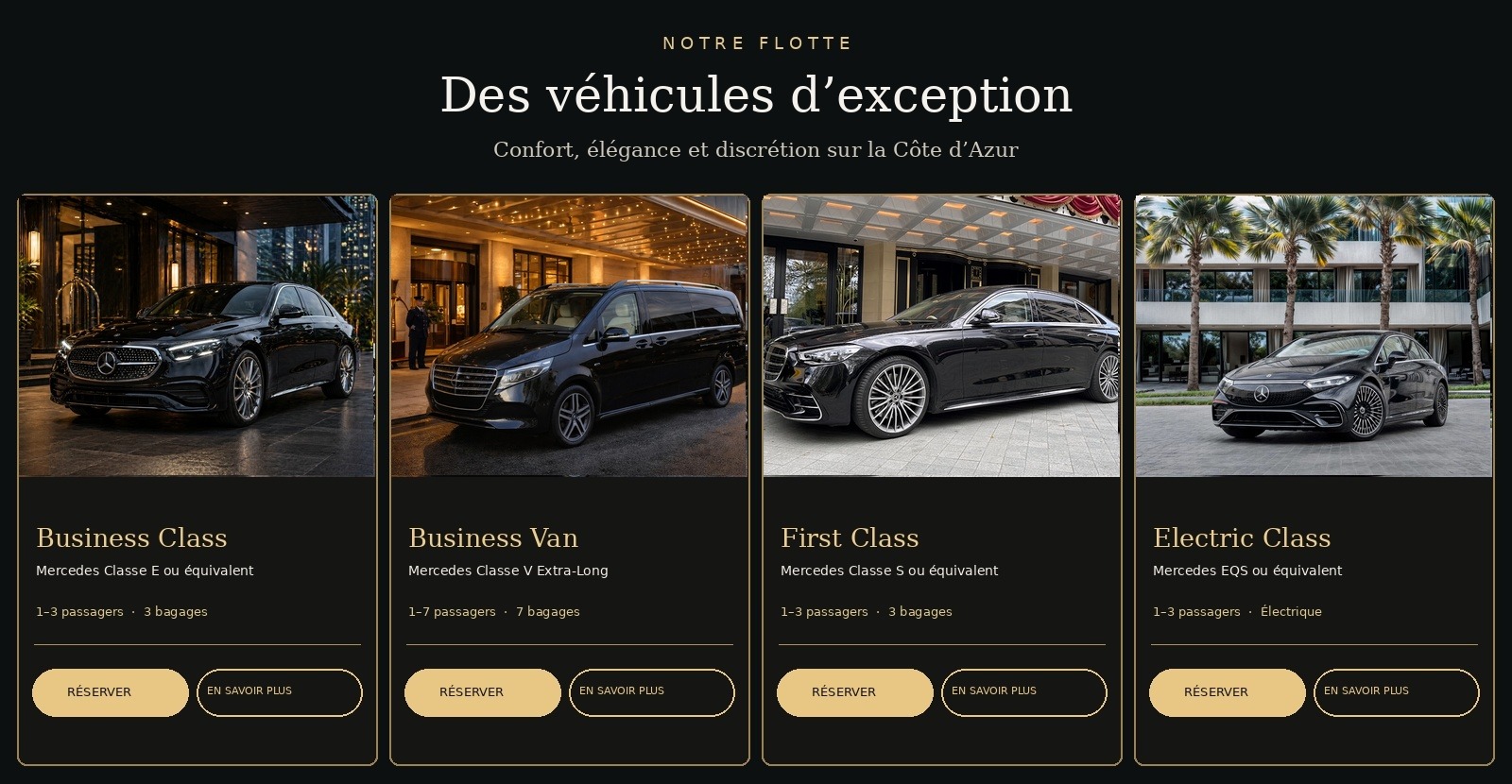 Notre flotte : Business Class Mercedes Classe E, Business Van Mercedes Classe V Extra-Long, First Class Mercedes Classe S et Electric Class Mercedes EQS.