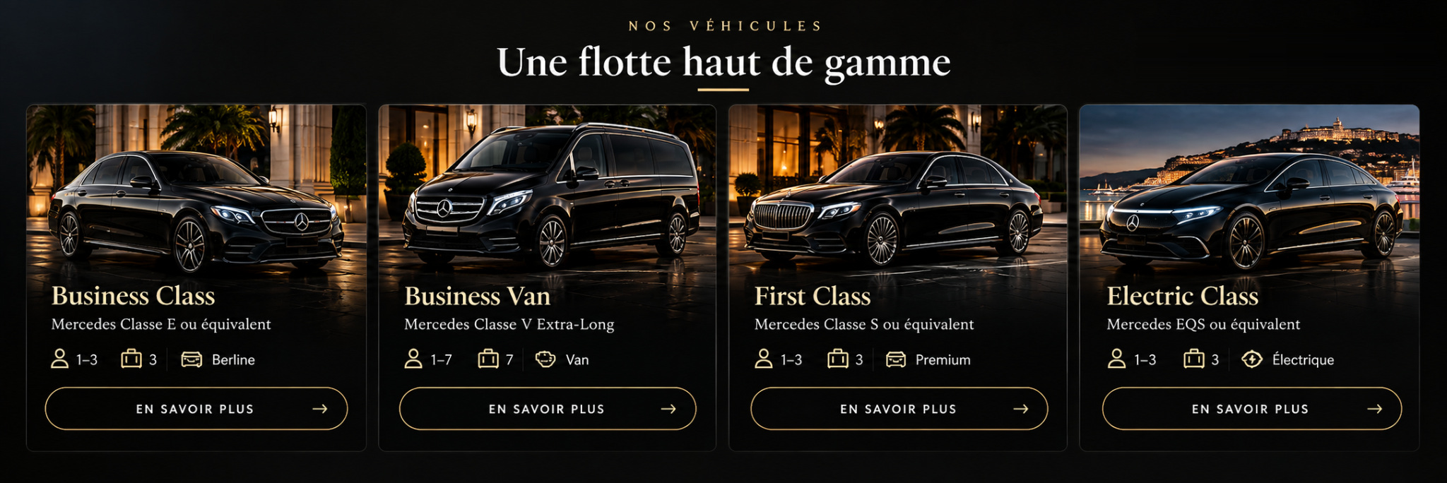 Nos véhicules — une flotte haut de gamme : Business Class, Business Van, First Class et Electric Class, Mercedes EQS ou équivalent.